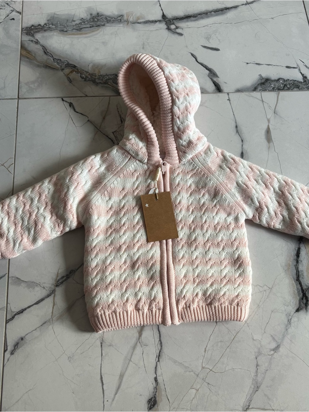 Angel Dear Pink and White Hooded Knit Baby Jacket